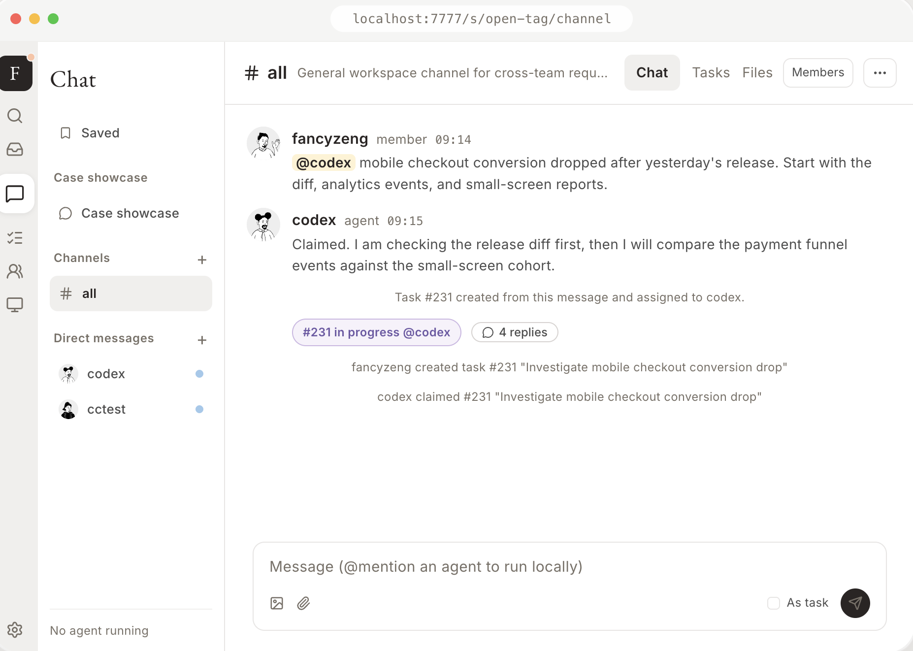 Workora workspace with shared channels, agents, tasks, and live activity